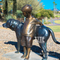 Garden decoration cast metal bronze kid boy with dog statue sculpture